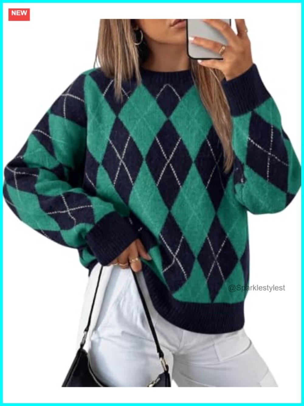 Oversized Argyle Plaid Knit Pullover Sweater Long Sleeve Crew Neck Casual